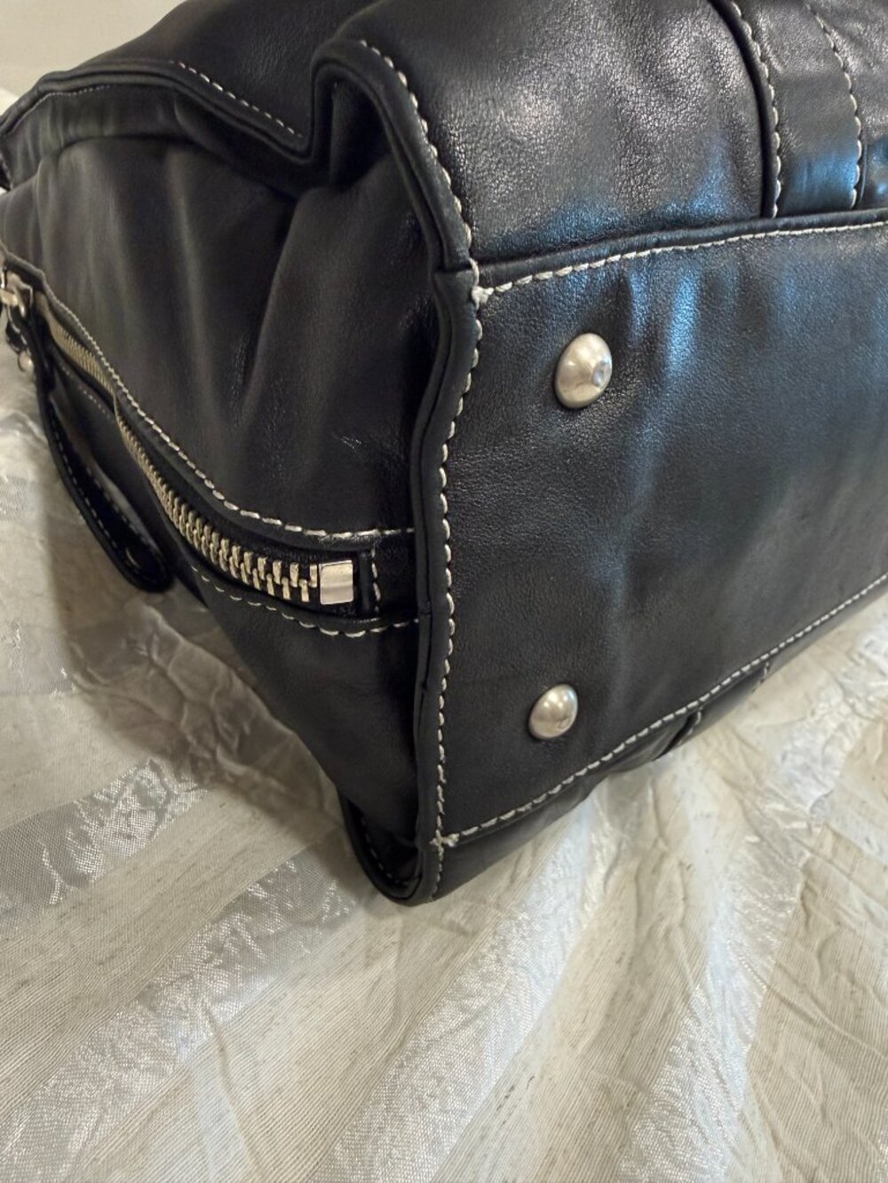 Perlina New York Black Genuine Leather Y2K Shoulder Bag Tote Hardware - Picture 9 of 17